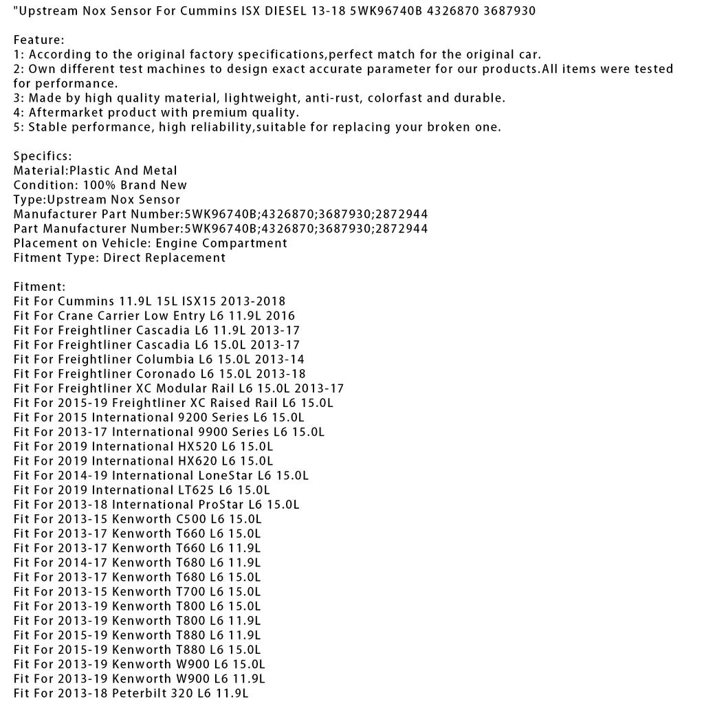Upstream Nox Sensor For Cummins ISX DIESEL 13-18 5WK96740B 4326870 3687930