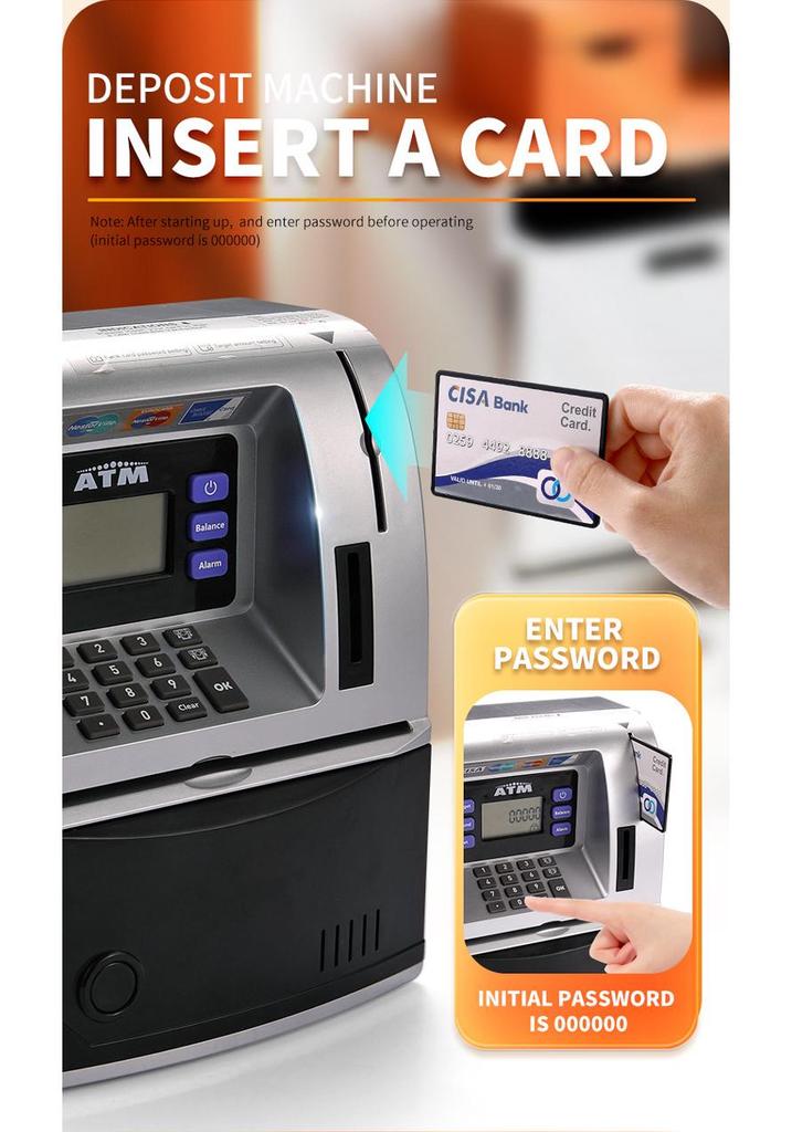 Children's Large ATM Simulator Piggy Bank with Voice and Password, Coin Roller, and Money Counting Features.