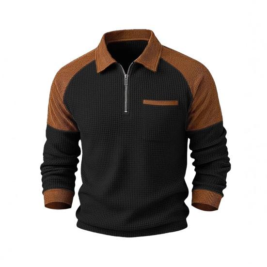 

Men Sweatshirt Lapel Zipper Half Placket Long Sleeve Loose Fit Casual Tops Contrast Color Splicing Design Pullover Tops Outdoor Sports Wear S чорний