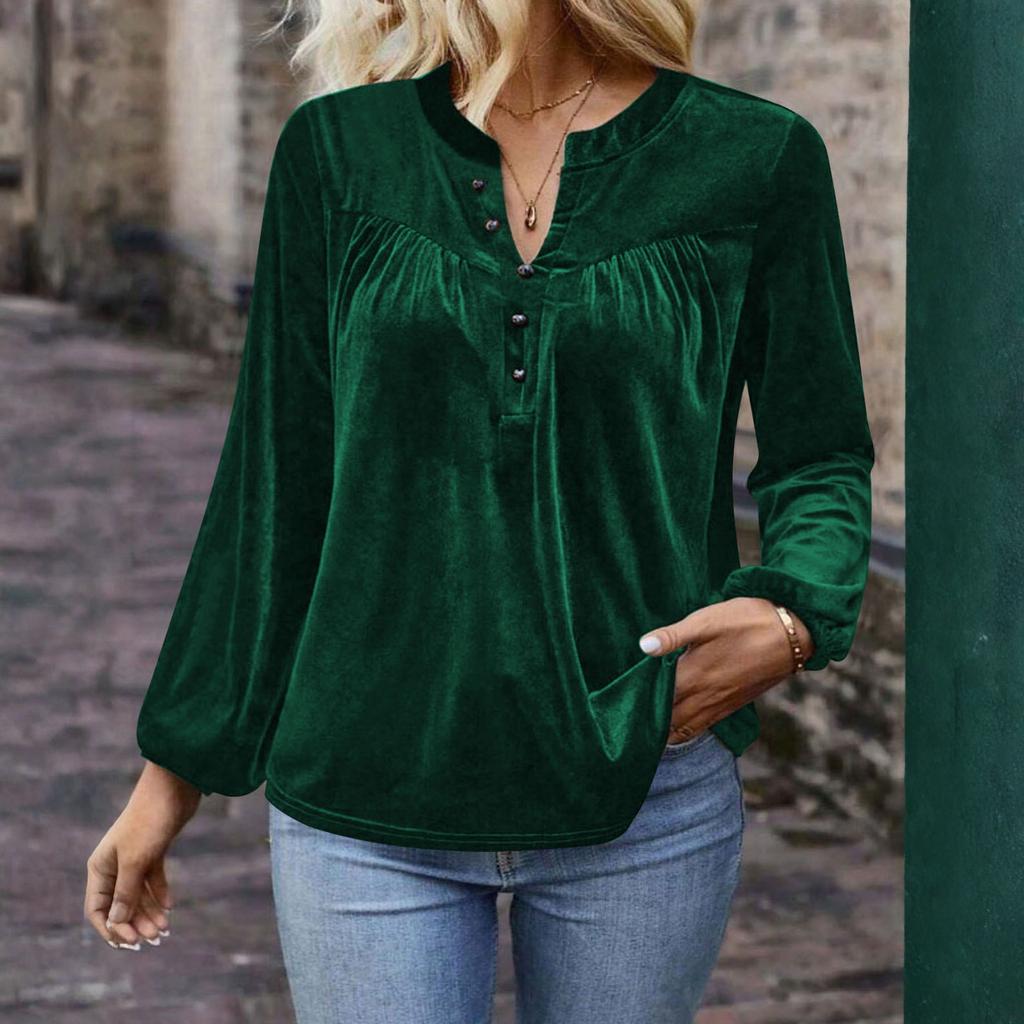 Women's Color V,Neck Casual Elegant Button Long,Sleeve Blouse