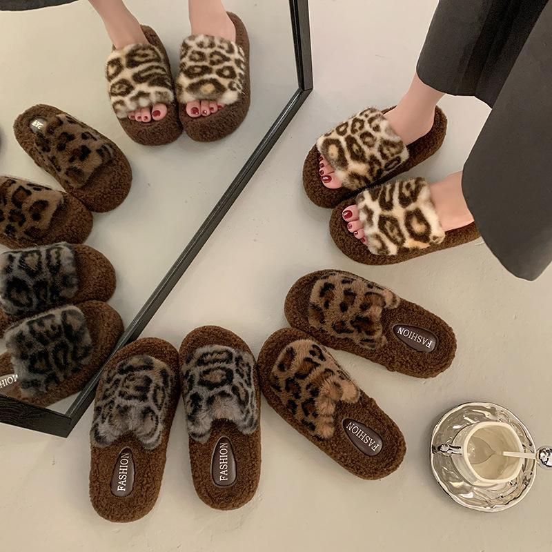 Leopard print fluffy slippers women's 2025 new autumn and winter cute household indoor non-slip and non-smelly foot cotton slippers women