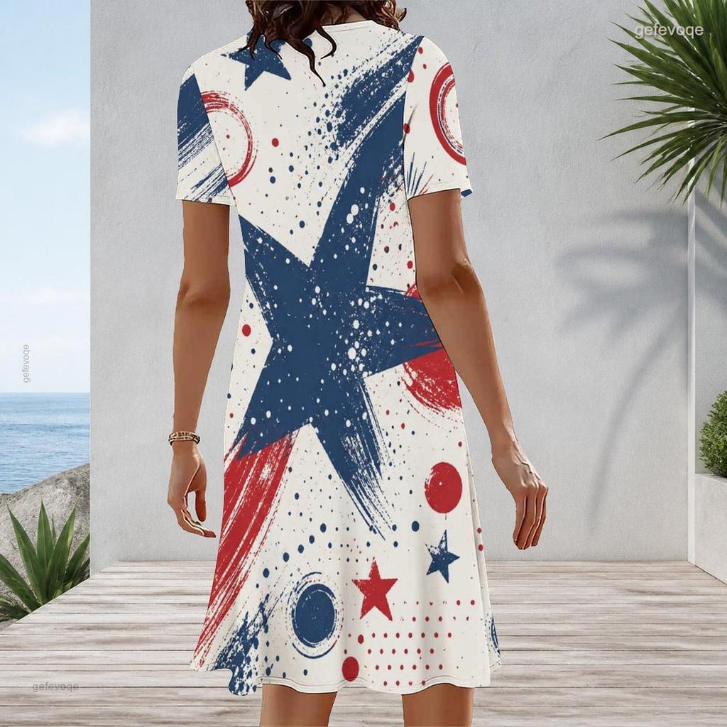 Women Plus Size Round Neck Short Sleeve Star Printed A Line Dress Red White Blue