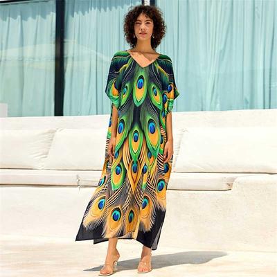 Bohemian Printed Women's Plus Size Kaftan Green Loose Robe 2024 Summer Holiday Lounge Wear Beach Dress Swimwear Cover Up Q1674