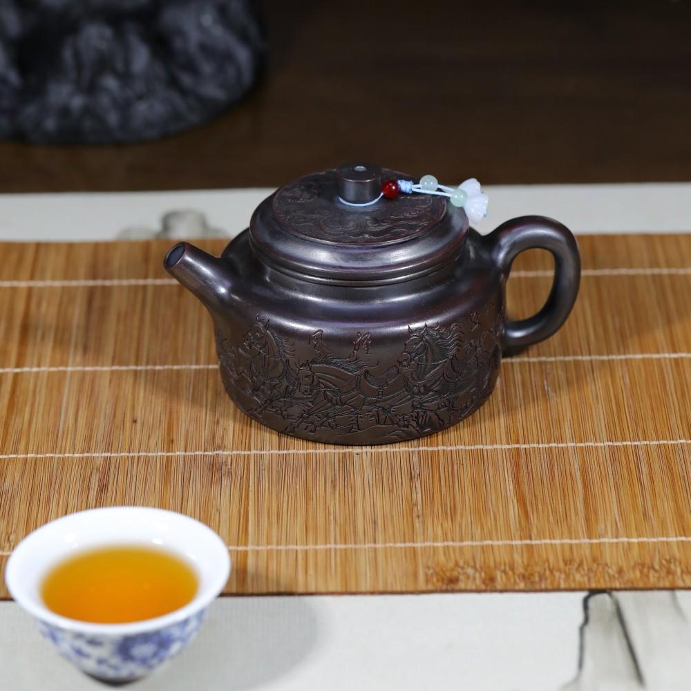 Handmade Yixing Zisha Teapot and Eight-Horses Gift Set by Famous Artist in Original Bronze Clay.