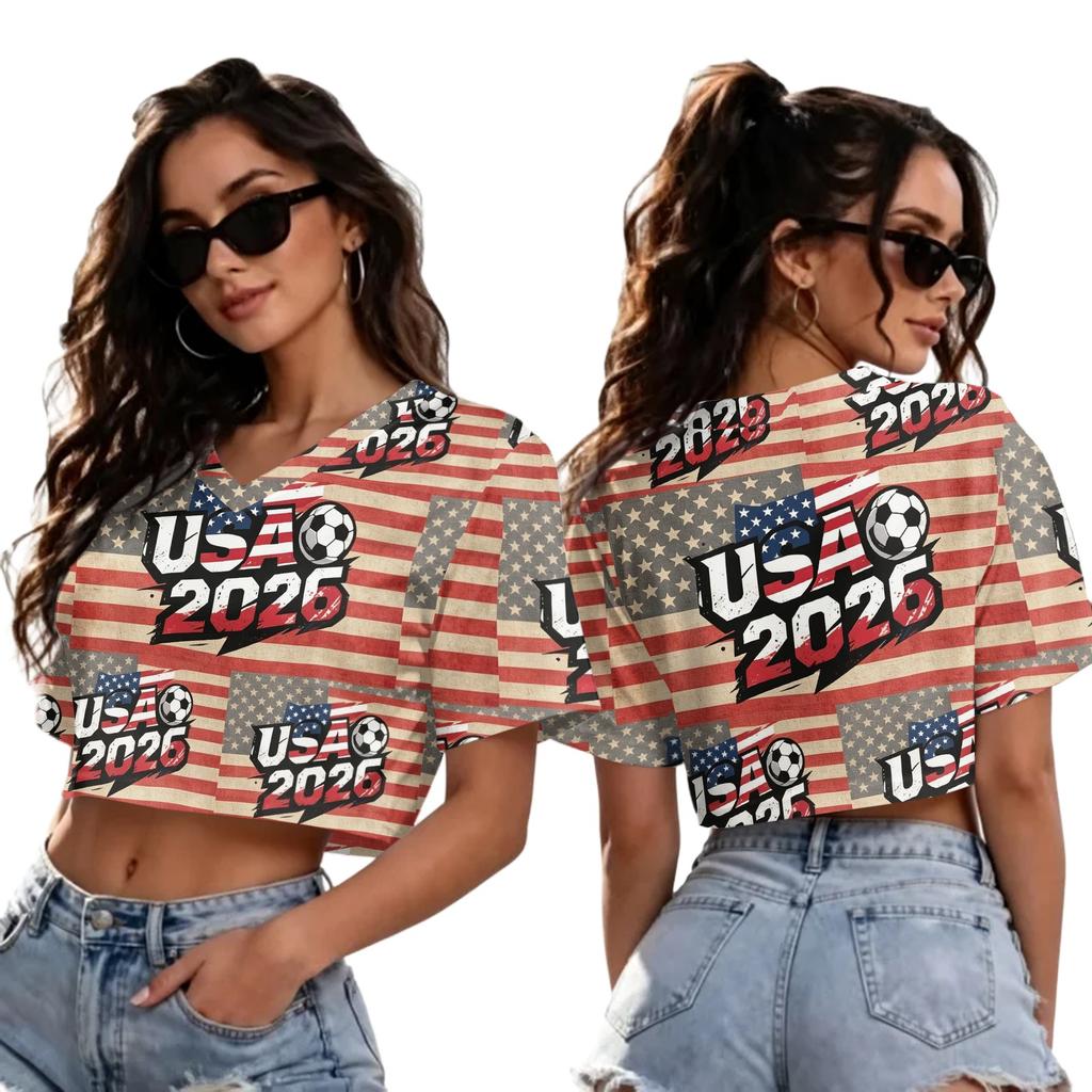 Women Casual Fashion Crop Top V Neck Short Sleeve T Shirt Soccer Flag Print Loose Fit Summer Tee