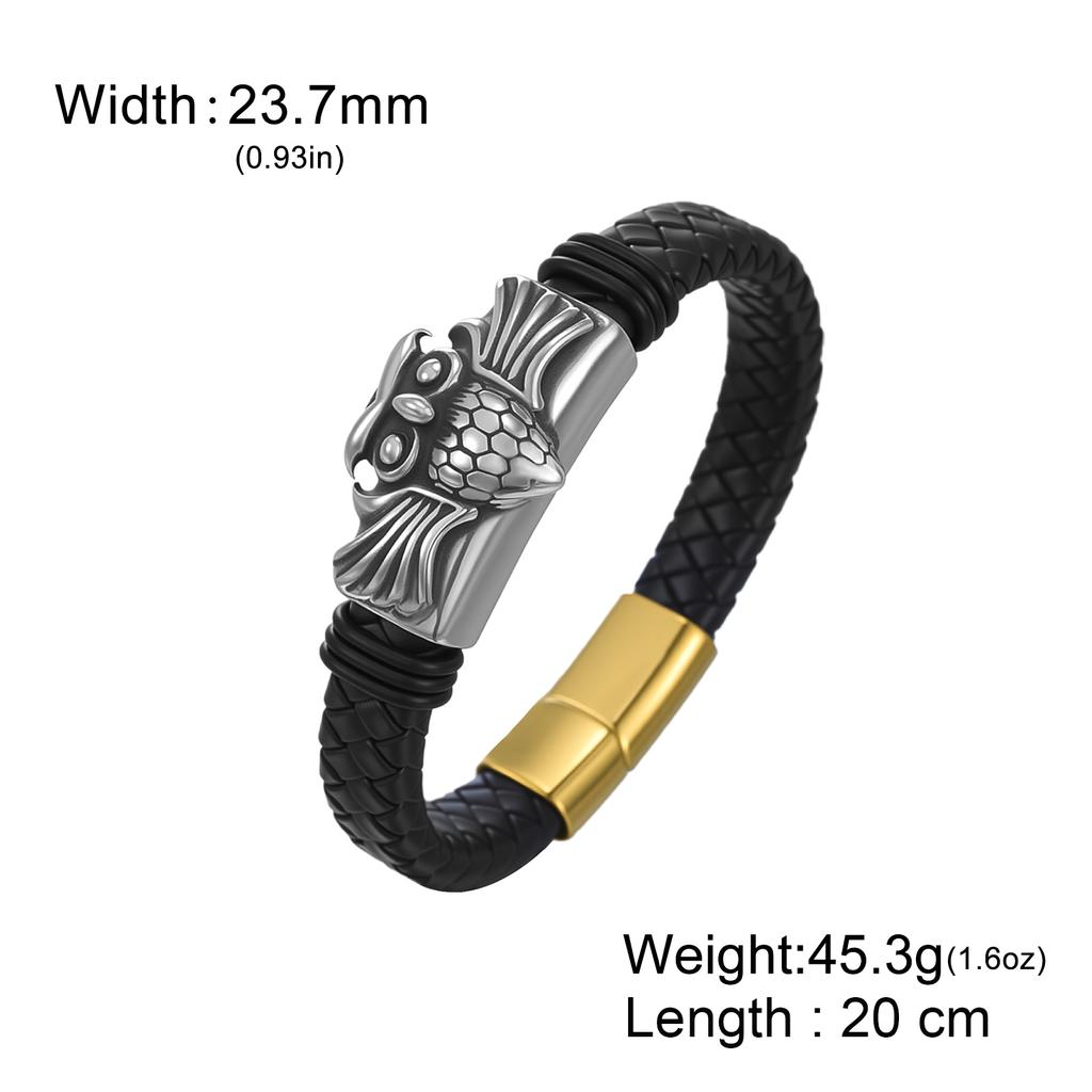 Dawapara Punk Flying Eagle Owl Bangle Bracelet 20cm Black Leather Wristband for Men Stainless Steel Jewelry