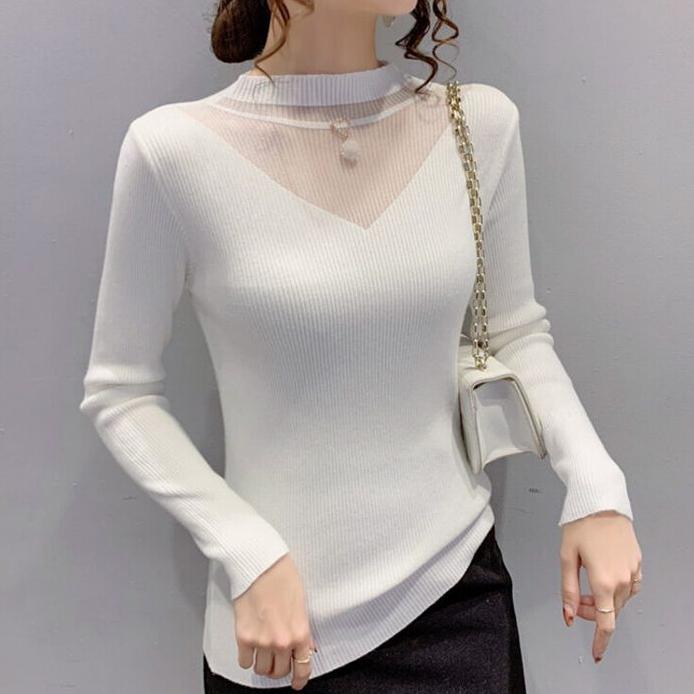 Women's Knitted Bottoming Shirt Fall  Winter Half-high Neck Hollow Mesh Knitted Sweater Slim Long-sleeved Stretchy Pullover Knitted Top Jumper