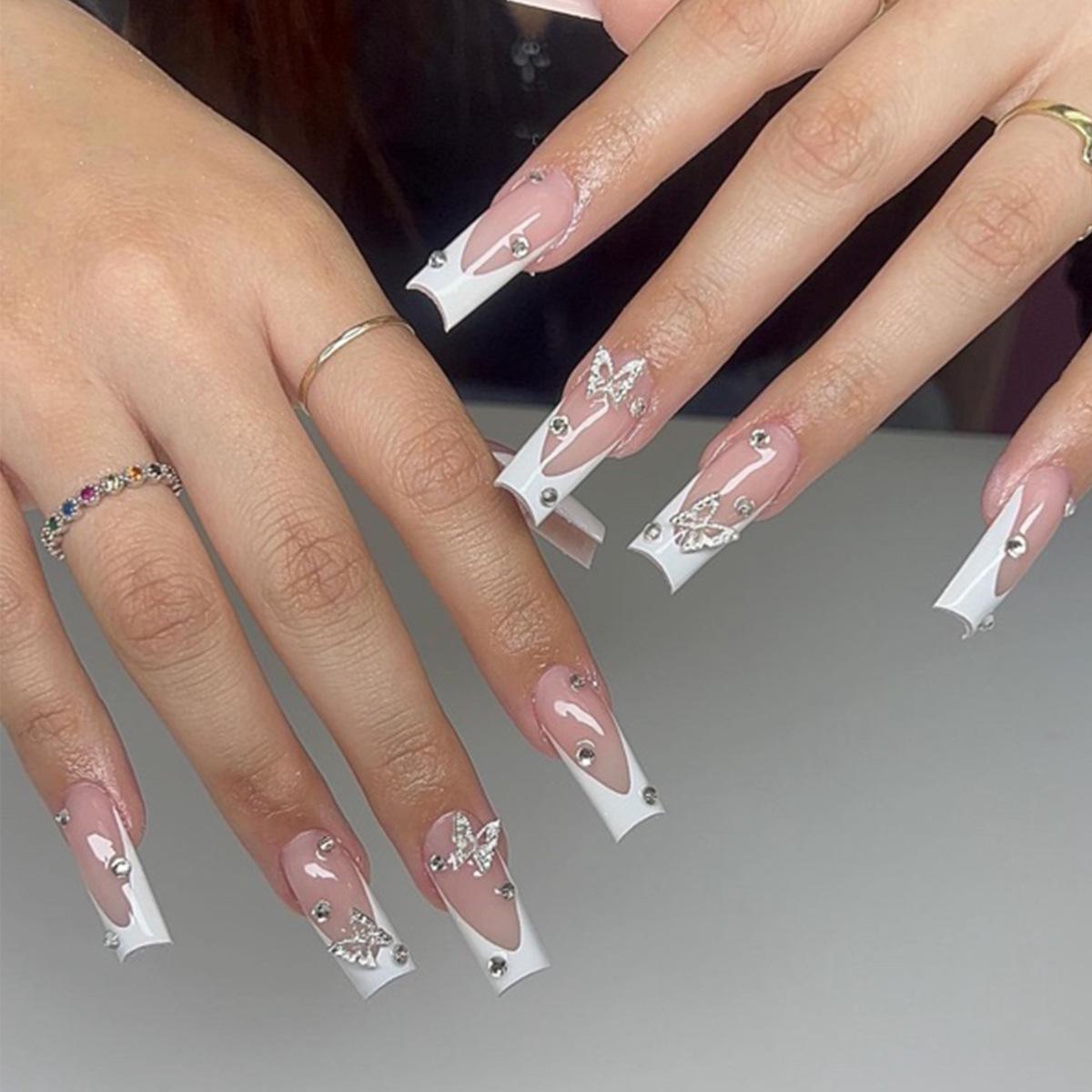

Exclusive Wear-and-Go White French 3D Butterfly Rhinestone Press-On Nails