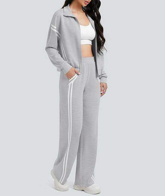 Jesienno-zimowy damski dres typu color block: Dwuczęściowy zestaw kurtki zapinanej na zamek i spodni z szerokimi nogawkami do noszenia na co dzień.