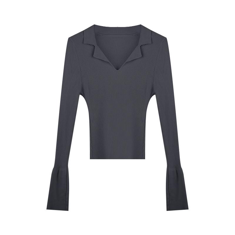 Polo Collar Knitted Sweater for Women's Early Autumn New Style Pullover, Versatile Base Layer, Slimming and Figure-hugging Flared Sleeve Top