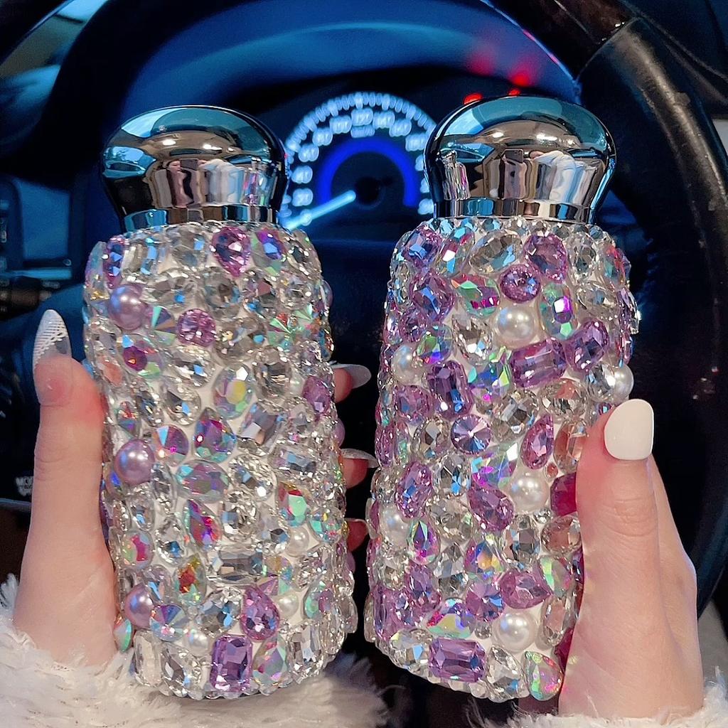 Portable Bling Insulated Water Bottle Thermos Stainless Steel Crystal Diamond Bottle Coffee Mug Auto Car Vacuum Cup Tumbler