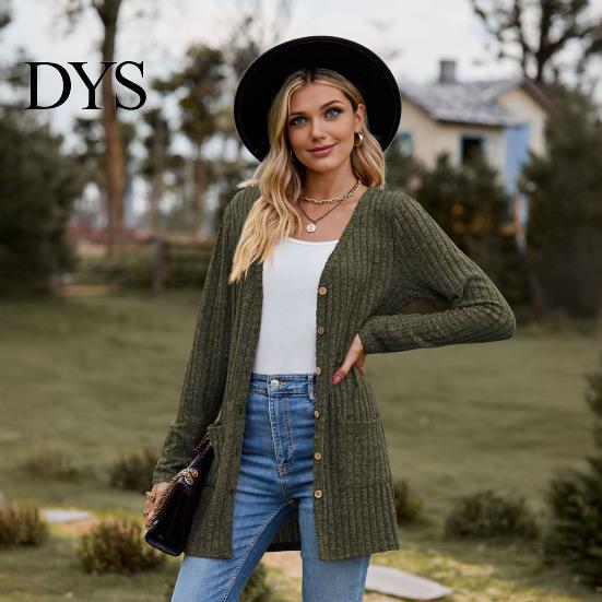 Women Knitwear Fall Long Cardigan Sweater, V Neck Button Front Knit Coat Coat, Sleeve Casual Sweater with Pockets Winter
