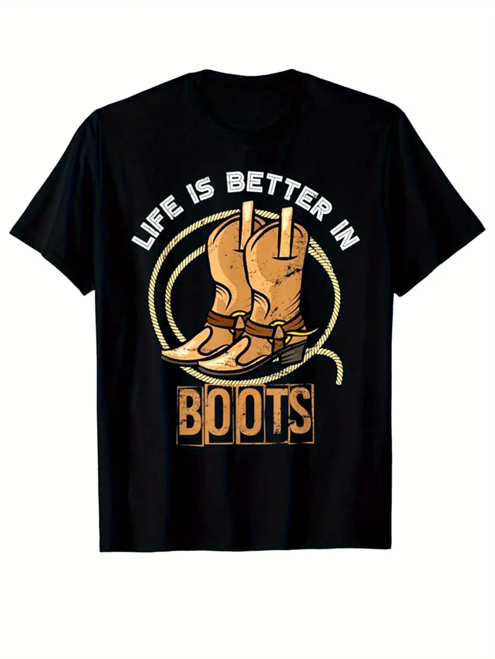 

Cotton Graphic T-shirt with Western Cowboy Print & Life is Better in Boots Slogan - Casual Short Sleeve Round Neck Tee for Outdoor & Casual Attire L