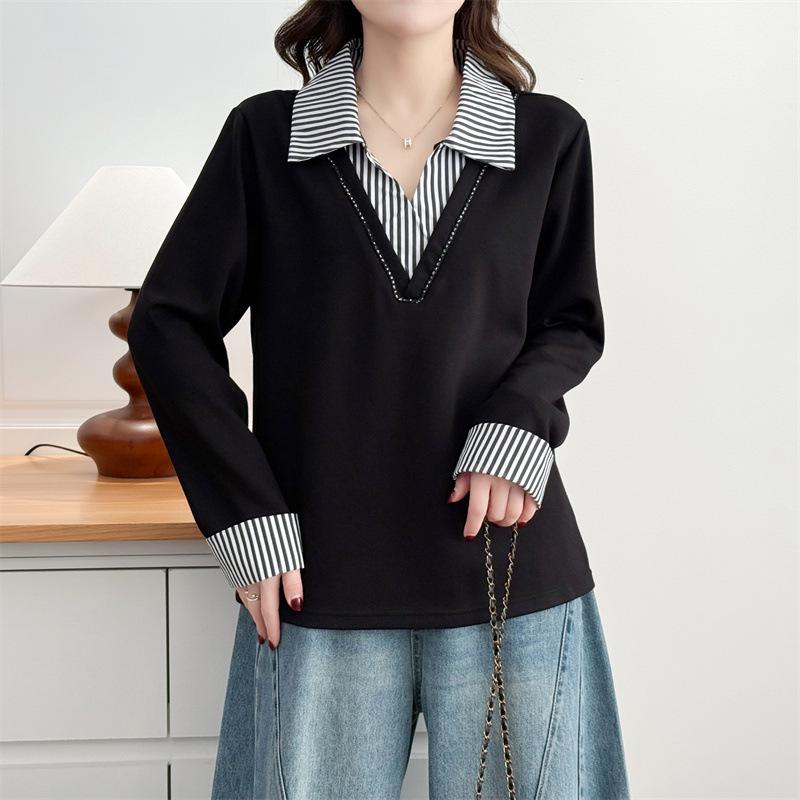 Spring Festival 2026: Plus Size Polo-Collar Long Sleeve Sweatshirt (2 Pieces) with Striped Collar Patchwork 8659