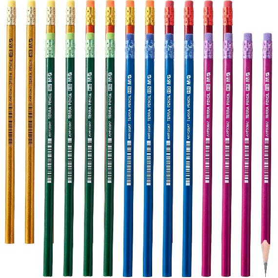 M&G Aurora Series 24 Pack HB Triangular Wood-Cased Pencils, Unsharpened with Erasers, Smooth Writing Break-Resistant Core, 6 Two-Tone Striped Colors