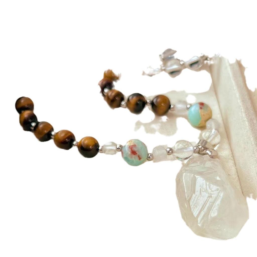 Retro High-Quality Natural White Chalcedony White Crystal Tiger'S Eye Sweater Chain Necklace, New Autumn And Winter Models, Batch