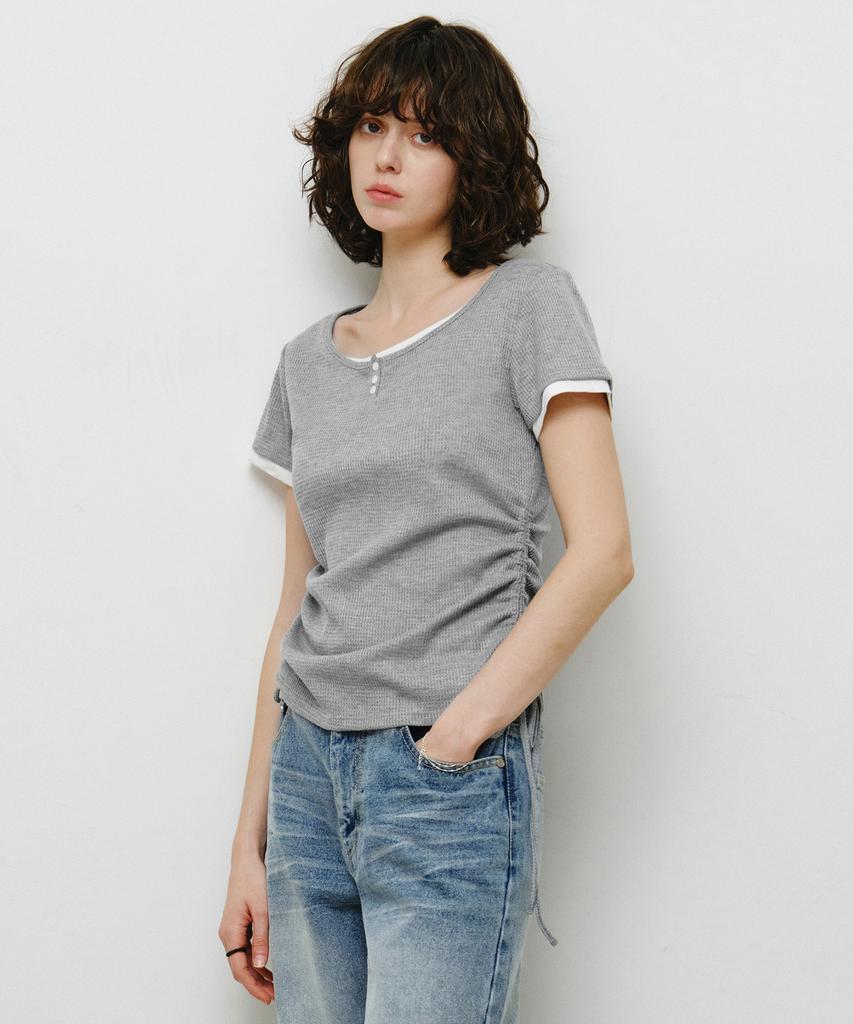 MONGDOL Henley Neck Layered Short Sleeve T-Shirt Gray Mdts097Gray