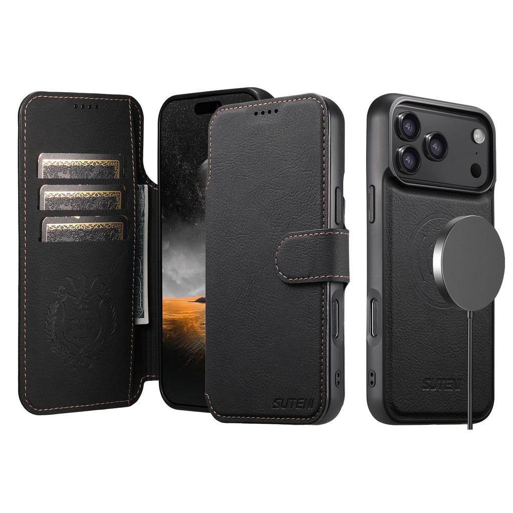 iPhone17ProMax Magnetic Leather Flip Case with Card Slot and Wireless Charging Stand