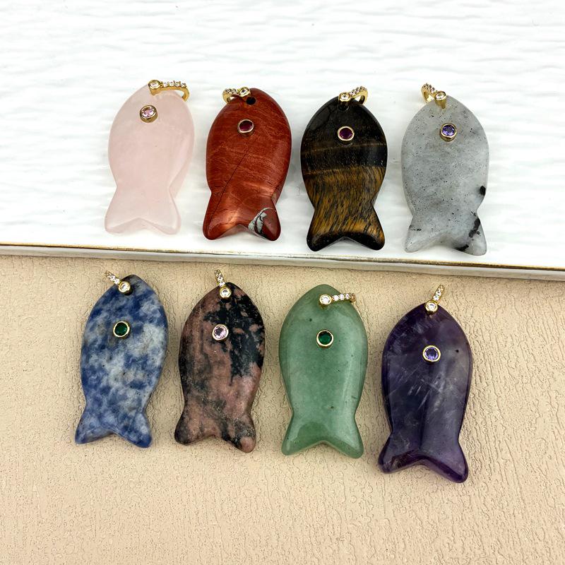 Natural Crystal Fish-Shaped Pendant: Red Agate, Lapis Lazuli, Tiger Eye, Jade Clavicle Chain