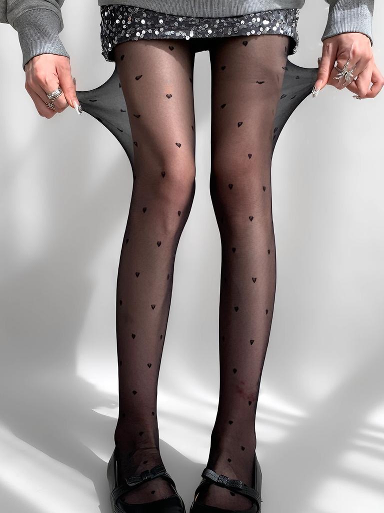 1 Pc Women'S Black Ultra-Thin Sheer Pantyhose, Heart Jacquard Snag-Resistant, Sexy High-Waisted Non-Slip Hosiery For Party