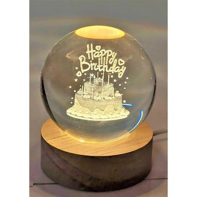 Kristall Alles Gute zum Geburtstag Lampe Gravierte Kristallkugel LED Nachtlicht mit Holzsockel - USB-betrieben Glas Kugel LED Nachtlicht Tischlampe für Kinderzimmer