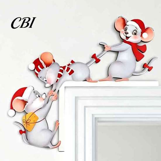 Waterproof Christmas Room Accents Cartoon Three Mice Wooden Door Frame Decor, Santa Mouse Easy Assembly Sign Corner Ornament, Xmas Party Home Holiday