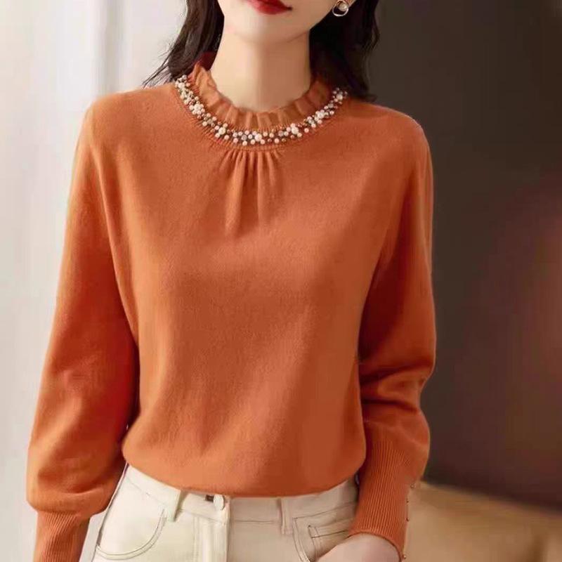 French Sweater Women's Half Turtleneck Beaded Knitted Sweater Women's Autumn and Winter Ruffle Fringed Long-sleeved Pullover