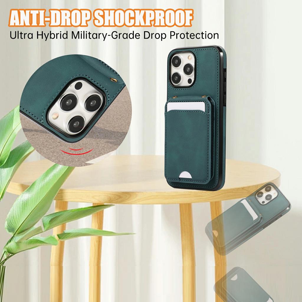 For iPhone 16 Pro Max Case Card Holder Kickstand Leather + TPU Phone Cover with Shoulder Strap