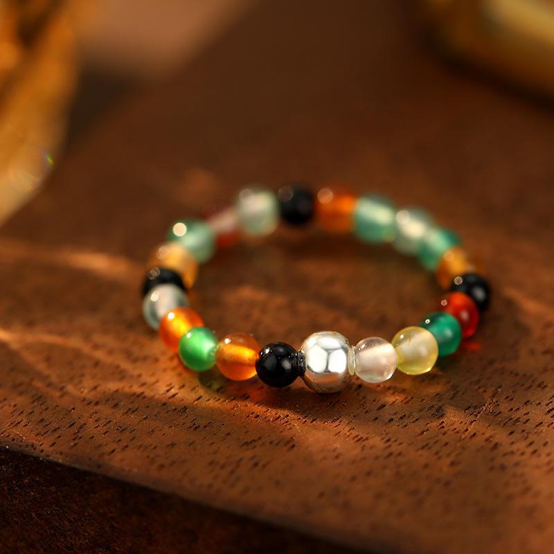 Banyan Tree S925 Silver Women's Stacking Ring with Tourmaline, Agate, Crystal, and Beaded Blue Pine.