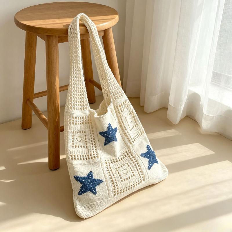 Crochet Beach Tote Bag Hollow Out Ocean Pattern Breathable Reusable Shoulder Bag for Vacation Shopping Daily Commute