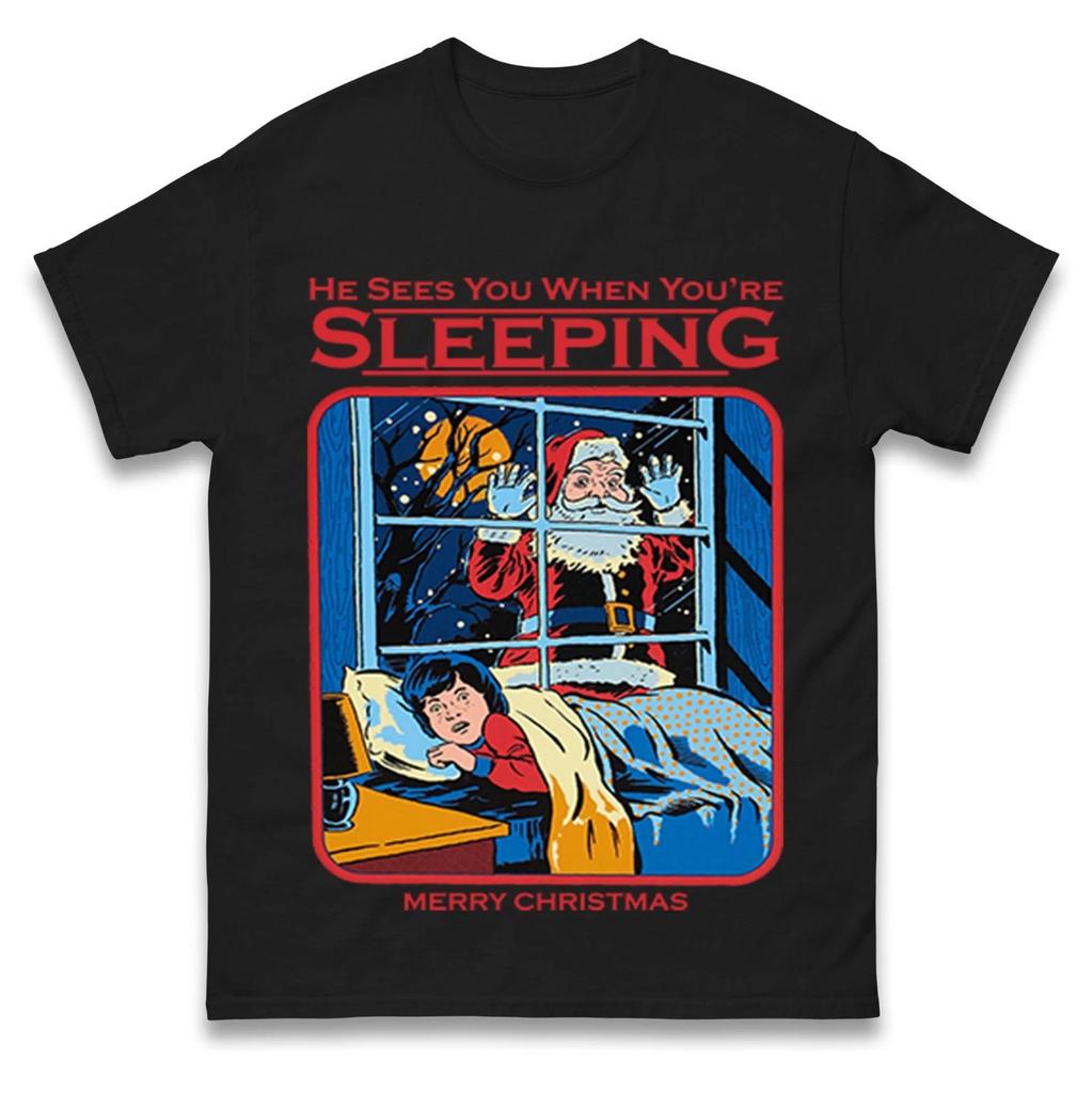 Er sieht dich, wenn du schläfst Lustiges Weihnachtsmann-Weihnachts-T-Shirt Sommer Herren Trainingsanzug Pullover Lässig Atmungsaktiv Sportbekleidung