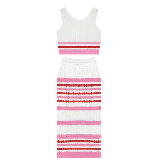 Two Piece Skirt Set for Women Striped Bodycon Slit Midi Skirt And Sleeveless Crop