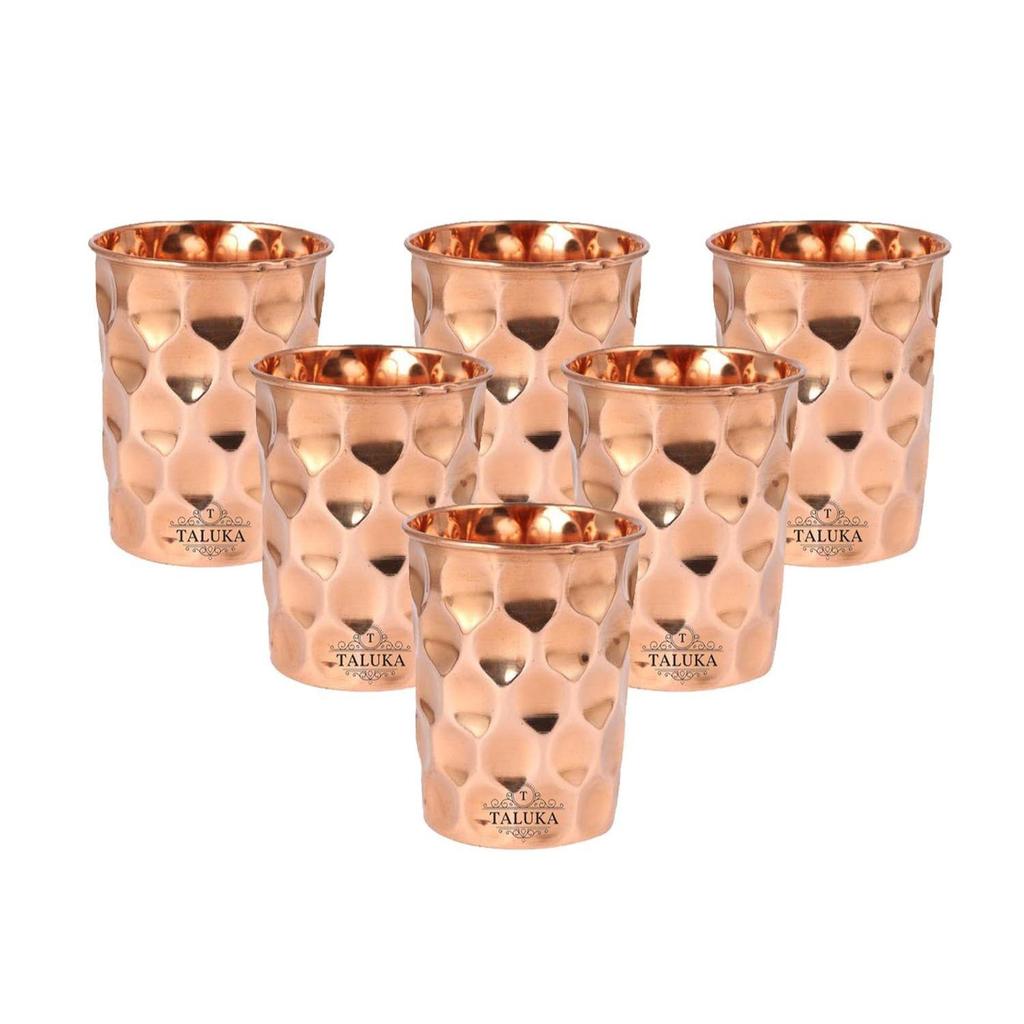 (3.8" X 2.8" Inch) Set of 6 Hammered Diamond Copper Glass Tumble, Drink Ware & Serveware Health Benefits, 300 ML