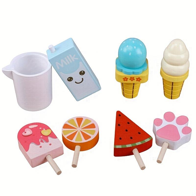 Wooden Ice Cream Playset Colorful Pretend Play Food for Youngsters, Includes Ice Cream Cones, Popsicles, and Milk Carton, Ice Cream Party Decorations