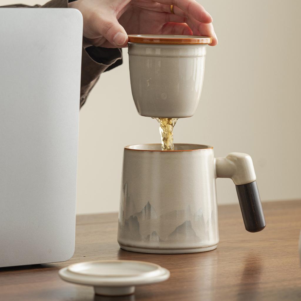 Ink landscape Ru kiln teacup ceramic filter mug with lid personal office water cup tea cup