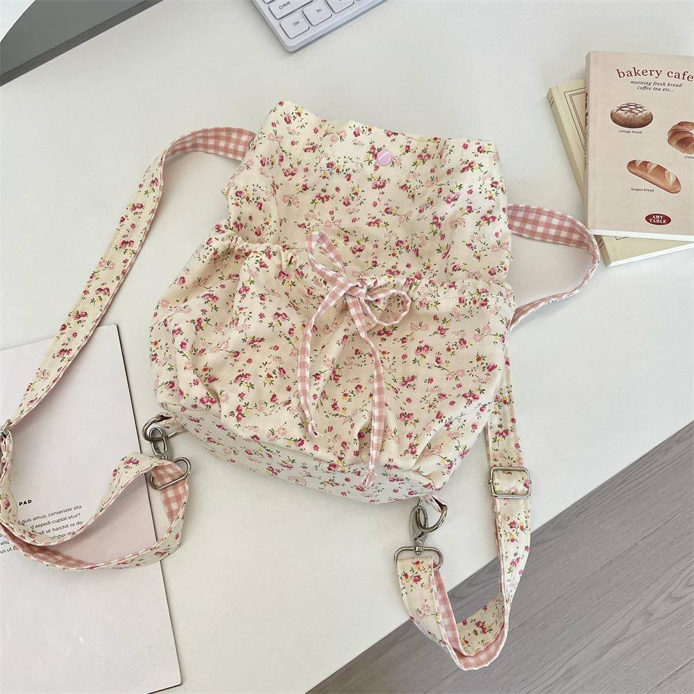 5 New canvas bag floral student backpack lazy wind cute shoulder messenger bag large capacity