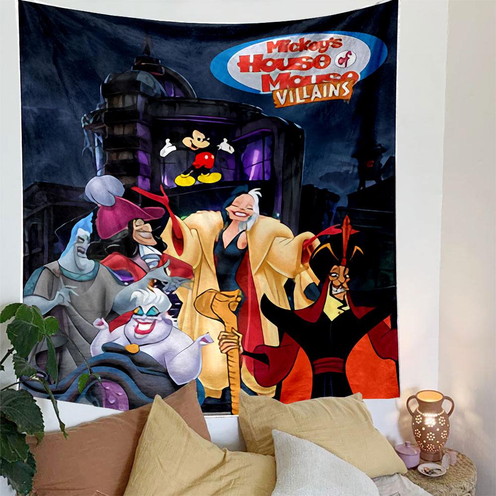 Mickey's House of Villains Tapestry Wall Hanging, Disney Villain Cartoon Art, Funny Wall Decor for Bedroom Living Room Kids Room