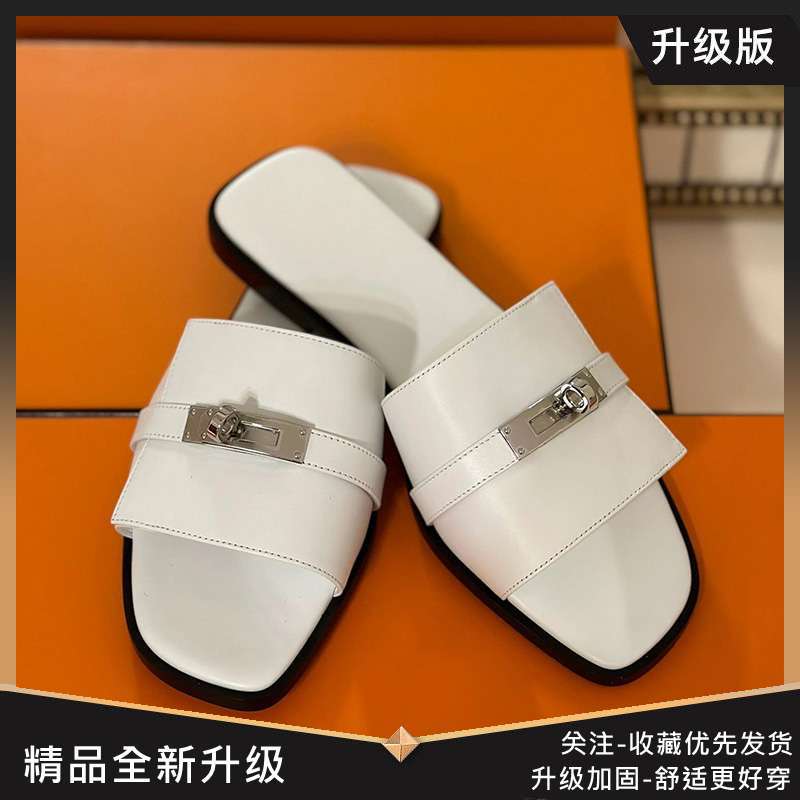 Real Soft Leather Silver Buckle Slippers Women's 2025 Summer New French Lock Flat Bottom Cool Slippers Wear Half Slippers Women