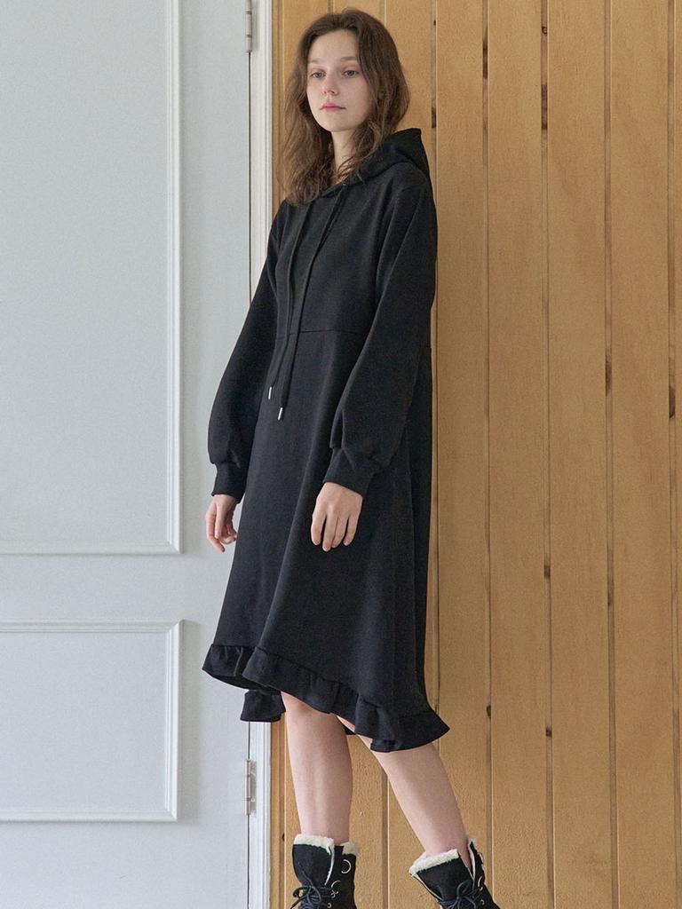 Avang Hooded Frill Long Dress - Black