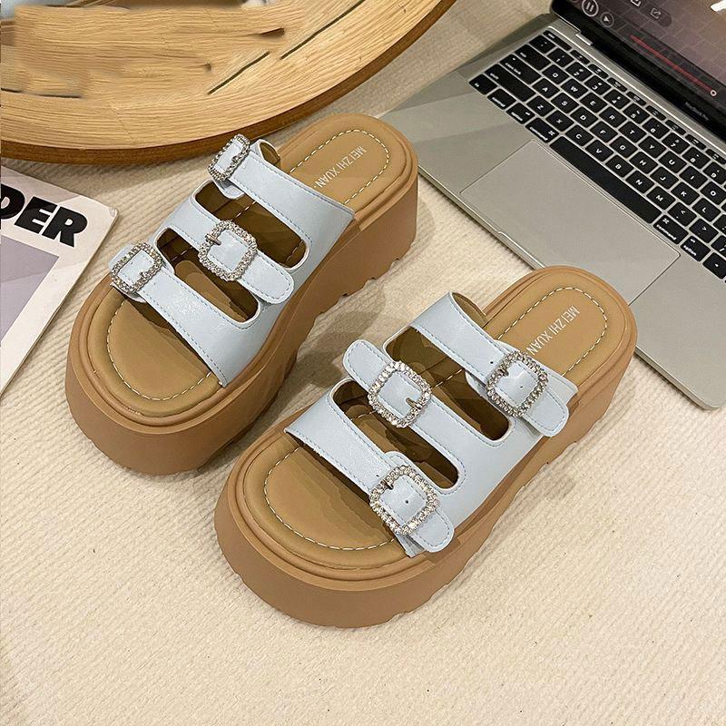 Small Thick Bottom Heightening Cool Slippers Women Wear 2025 Summer New Internet Celebrity Rhinestone Muffin High Heel One-word Drag