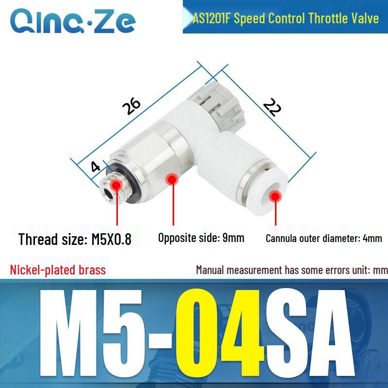 Throttle Speed Control Valve with AS1201F-M5-04A Pneumatic PU Air Hose Connector, Models AS2201F-01-2-06SA/08SA.