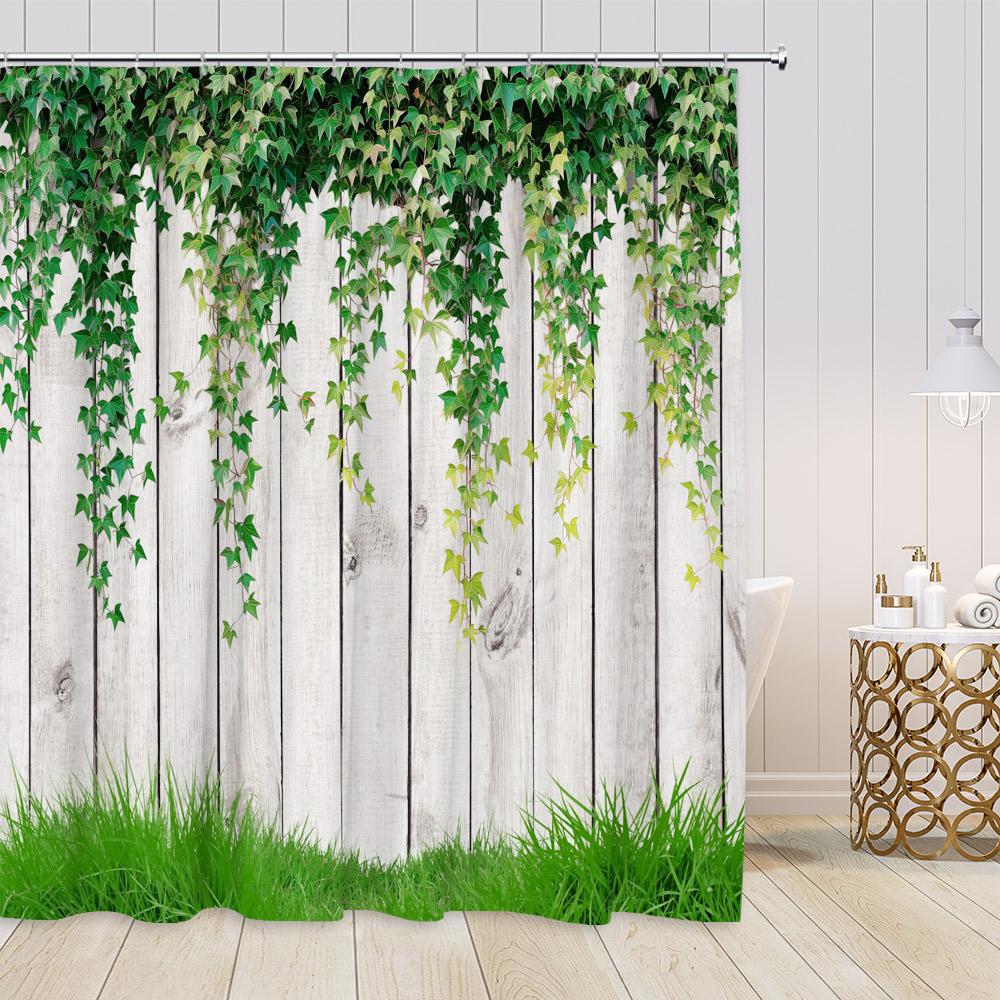 

Green Vines Showers Wooden Plank Wall Brick Wall Ivy Greenery Plants Pink Rose Bathroom Decor Vintage Fabric Floral Bath Curtain W60H190(CM)-1 Pcs