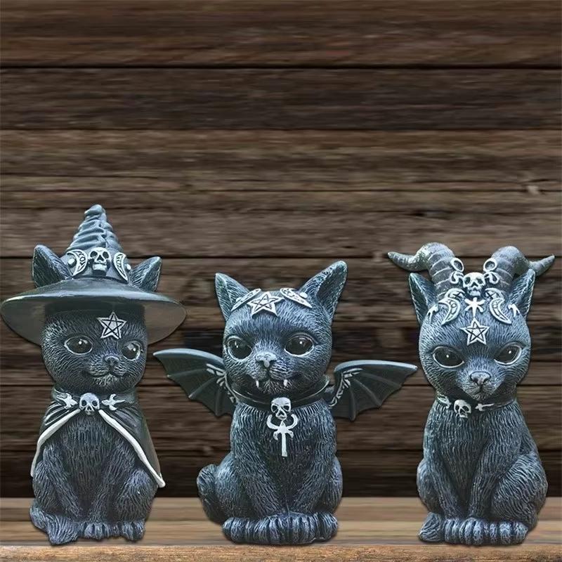 1PC Hand-Painted Black Cat Statue - Mysterious Cute Witch Cat Figurine Halloween Desk Ornament Witches Decor