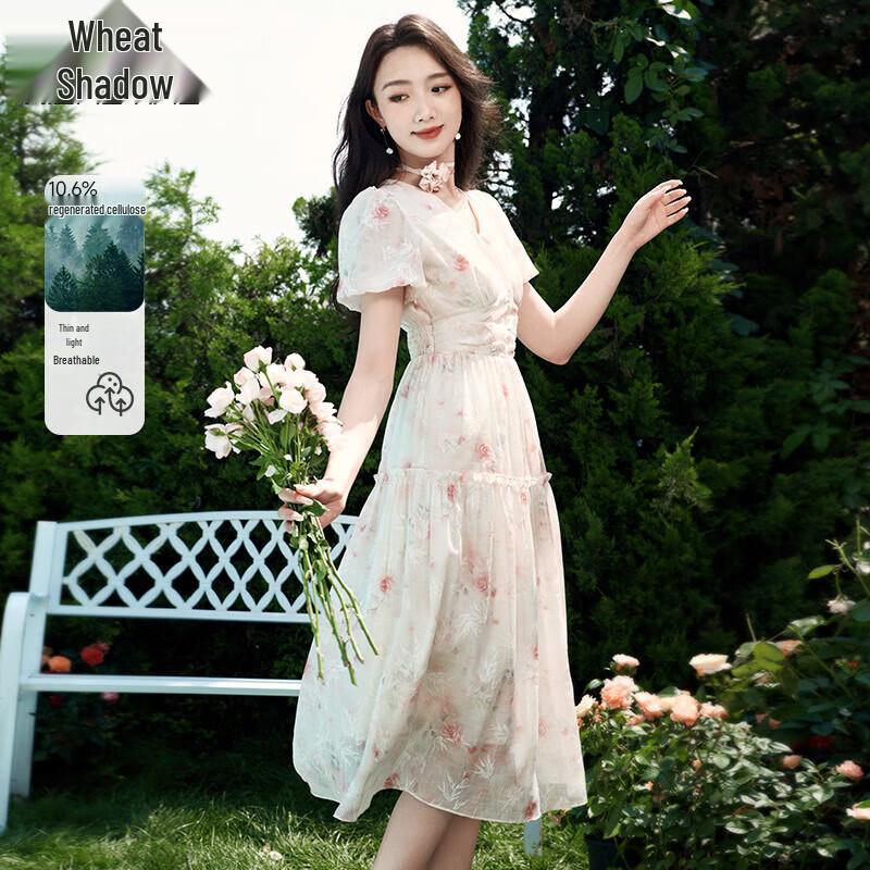 Xiangying French Floral Puff Sleeve V-Neck Dress S