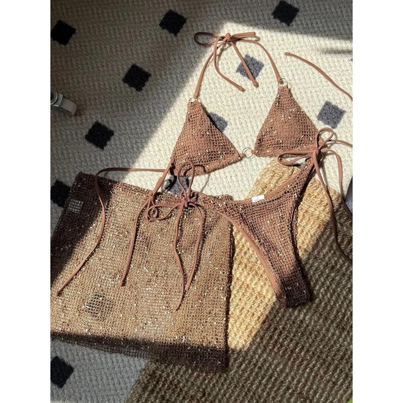 

Сет из трех предметов бикини с сетчатой юбкой-саронгом, халтер, женский купальник, женский купальник, купальник из сетки, пляжная одежда для плавания S