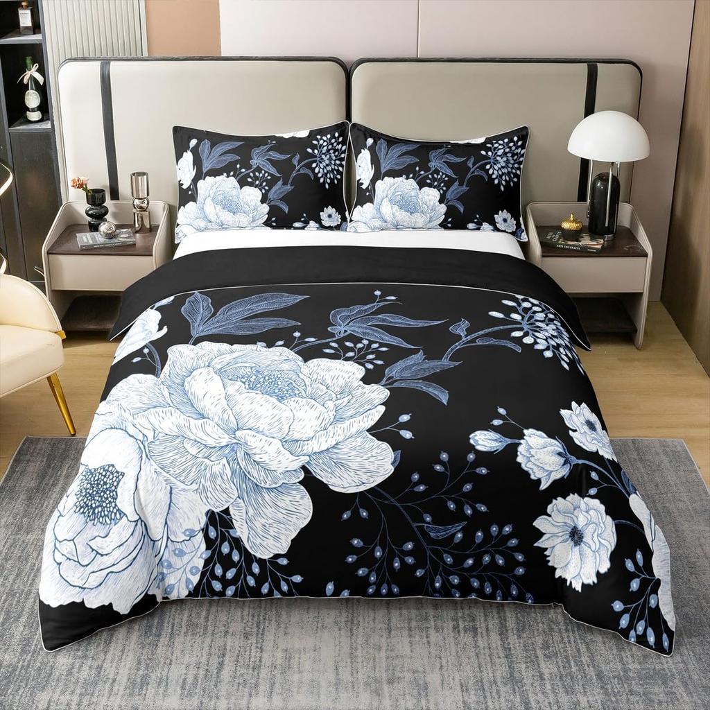 Blumiger Bettbezug Queen für Teenager ErwachseneRetro Blume Blätter BettdeckenbezugÖlgemälde BettwäschesetGarten Wildtiere Bettset