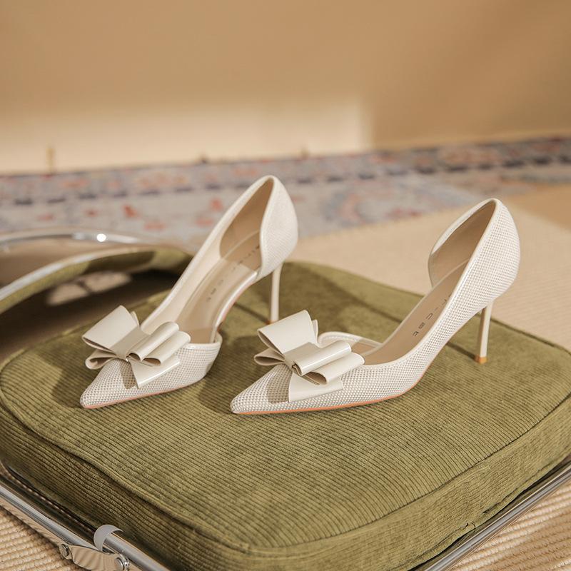 83318 [sheepskin] side empty high heels women's thin heels 2025 spring new pointed temperament bow single shoes
