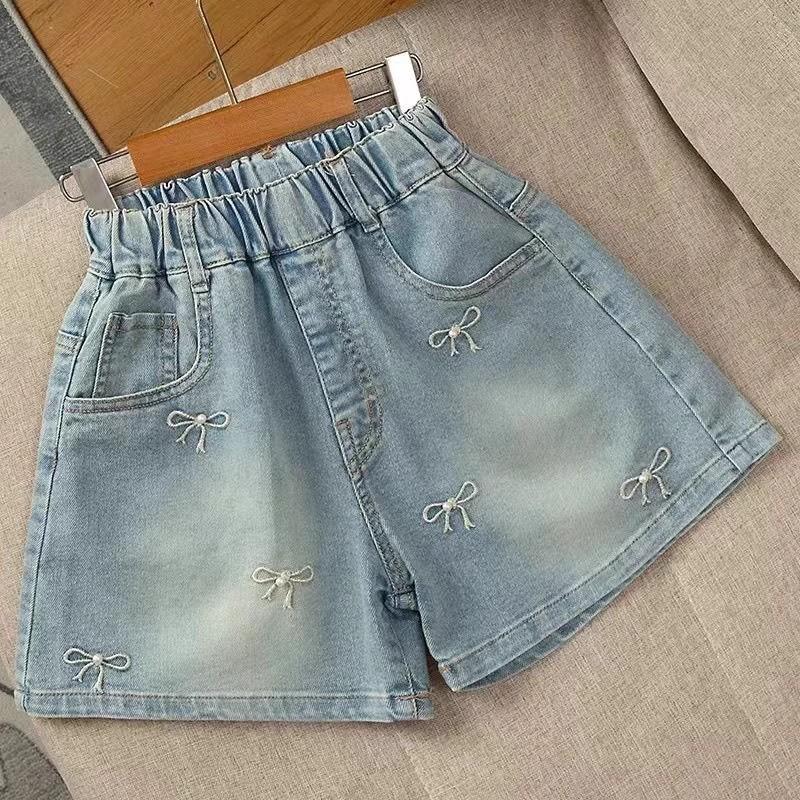 Girls' Pants Embroidered Bow Denim Shorts Women's Summer Shorts Design Sense Wide Leg Shorts