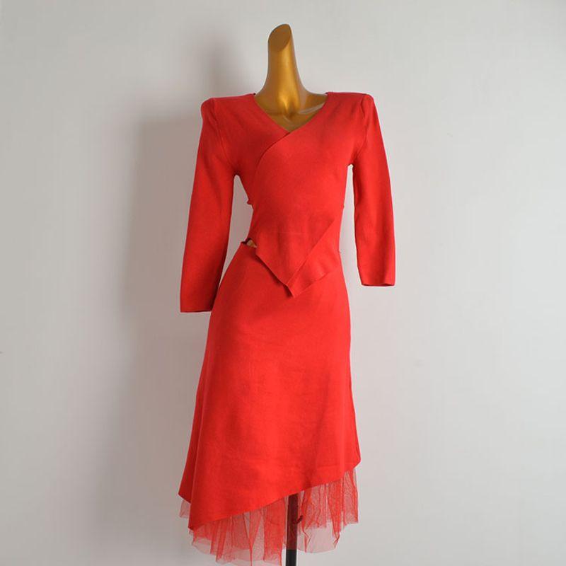 

French Style New Arrival Pure Color V-neck Cross Cut Out Knitting Dress Women s Clothing Spring and Autumn Slim Fit Mesh Splicing Package Hip Skirt Red XL