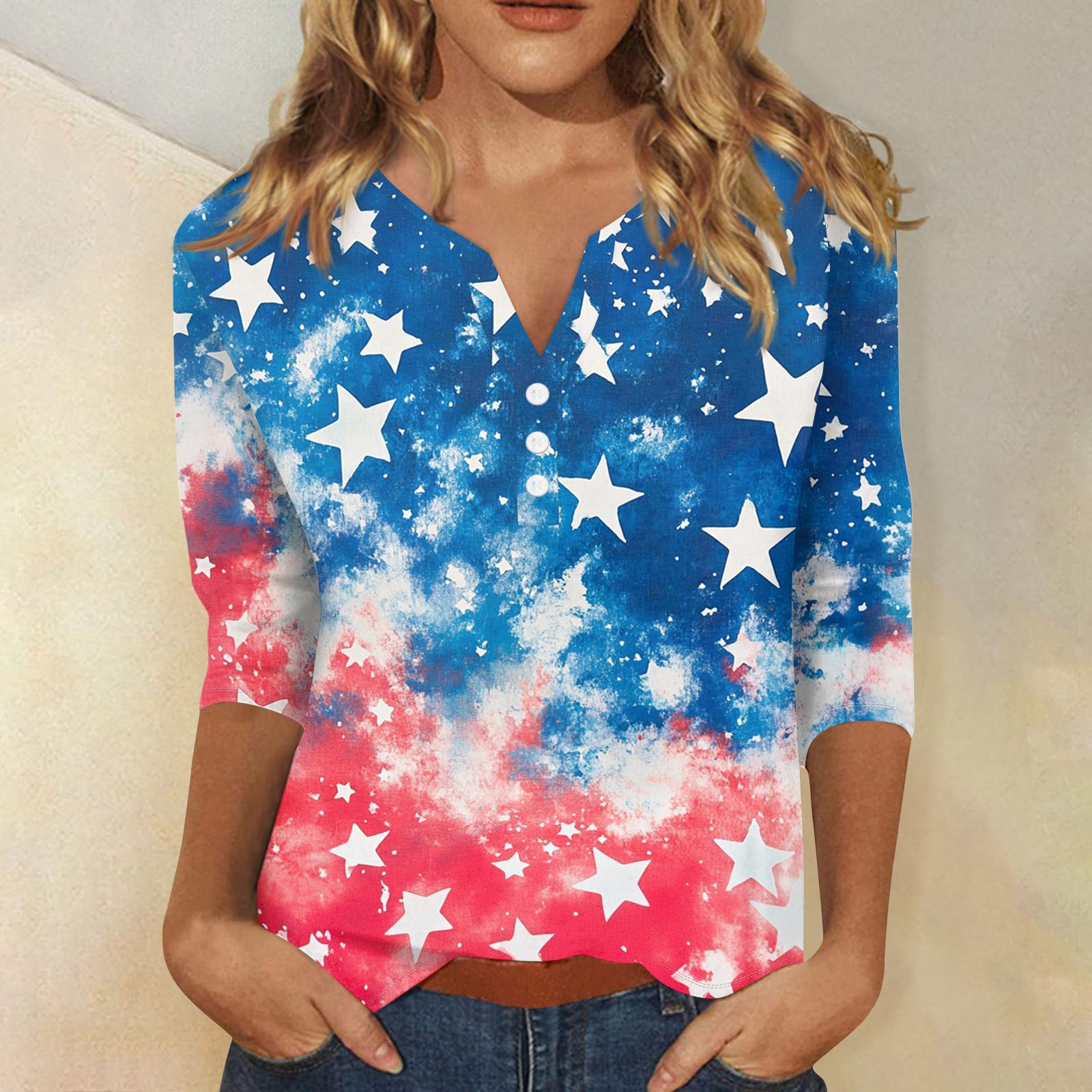 

Women s T Shirt Independence Day Print Button 3/4 Sleeve Daily Weekend Fashion Basic V- Neck Regular Top L синий
